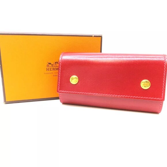 Authentic HERMES Square In D Box Calf Key Case Red Leather - Picture 1 of 11
